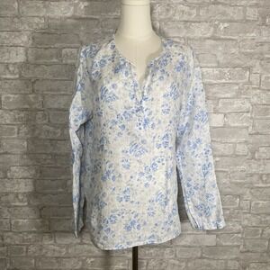 LL Bean Blue & White Floral Jacquard 100% Linen Long Sleeve Henley Size Medium